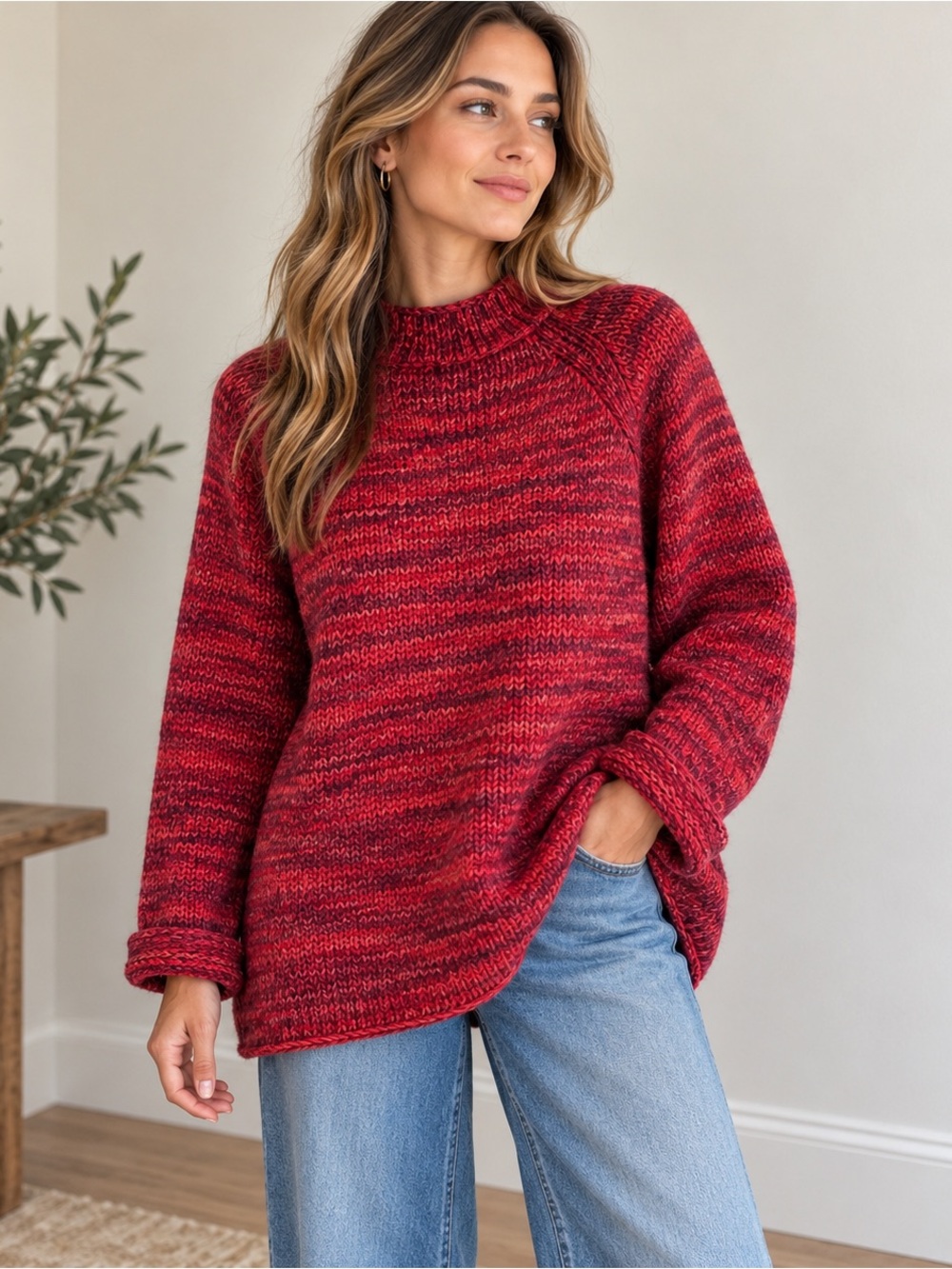 Marconi Vintage 100% Lambswool Marled Red Pink Mock Neck Sweater L